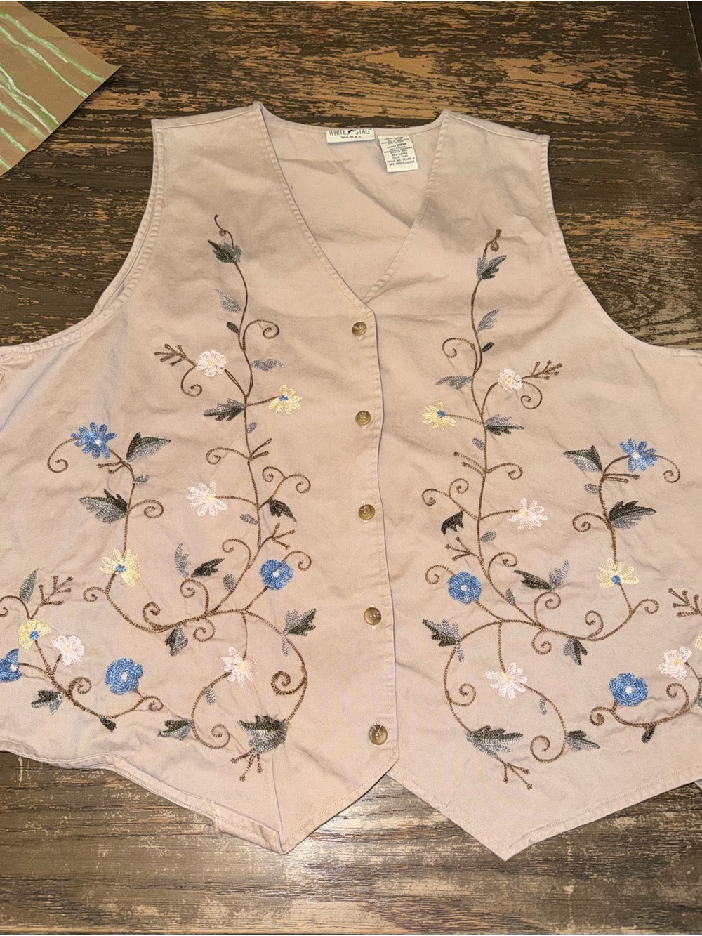 White Stag Embroidered Floral Button-Front Vest - Light Beige with Blue Accents
